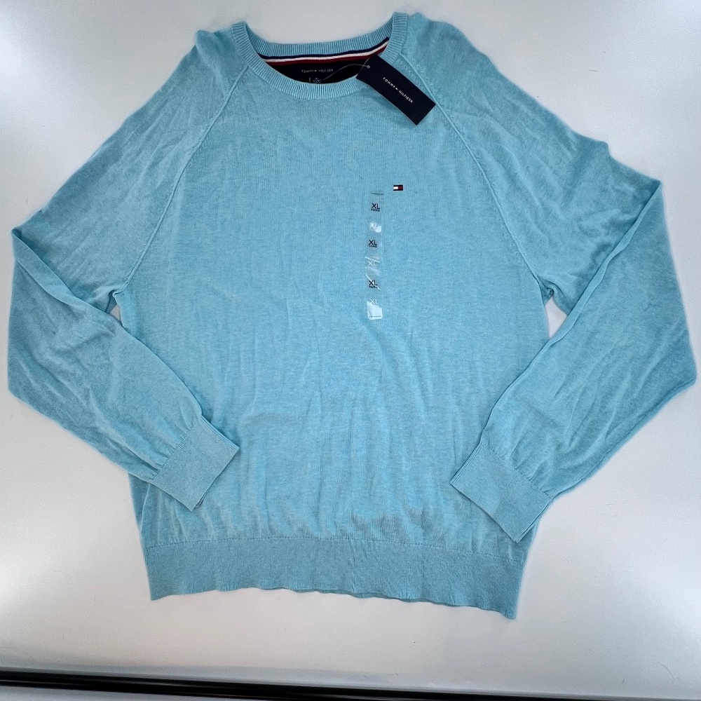 Tommy Hilfiger Logo Aqua Blue Crew Neck Cotton Blend Sweater XL Preppy Academia